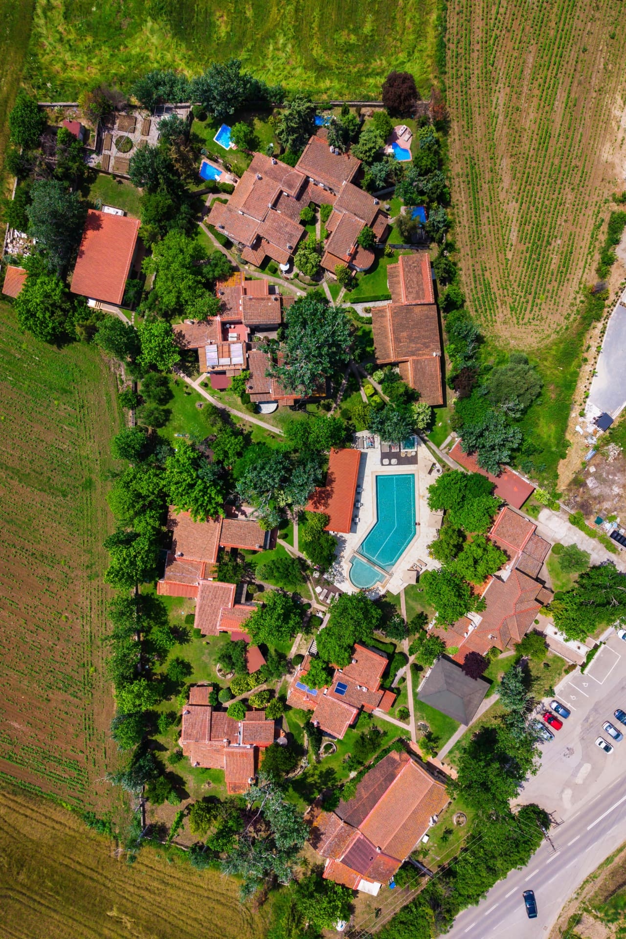 A maisonette with a private pool surrounded by planting.